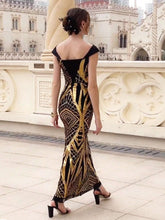 ANGEL FASHIONS Off-Shoulder V-Neck Sequined Long Evening Dress With Back Tie